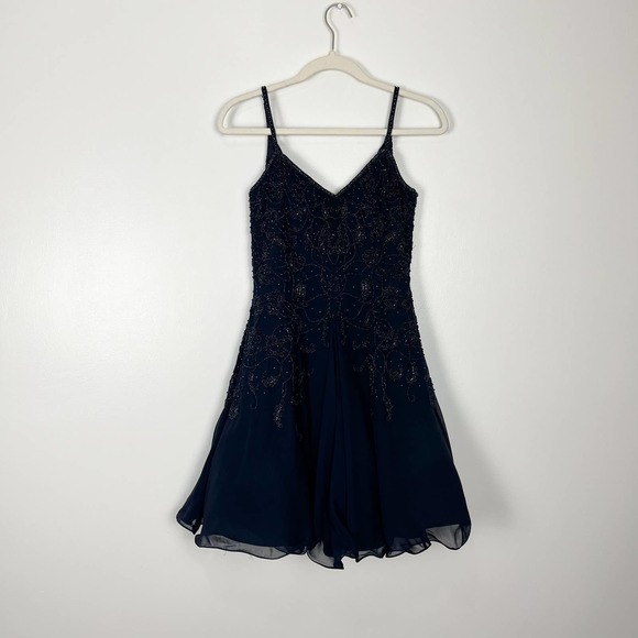 Niteline Della Roufogali Vintage Blue Silk Beaded Strappy Mini Dress Size 4 - Picture 2 of 13